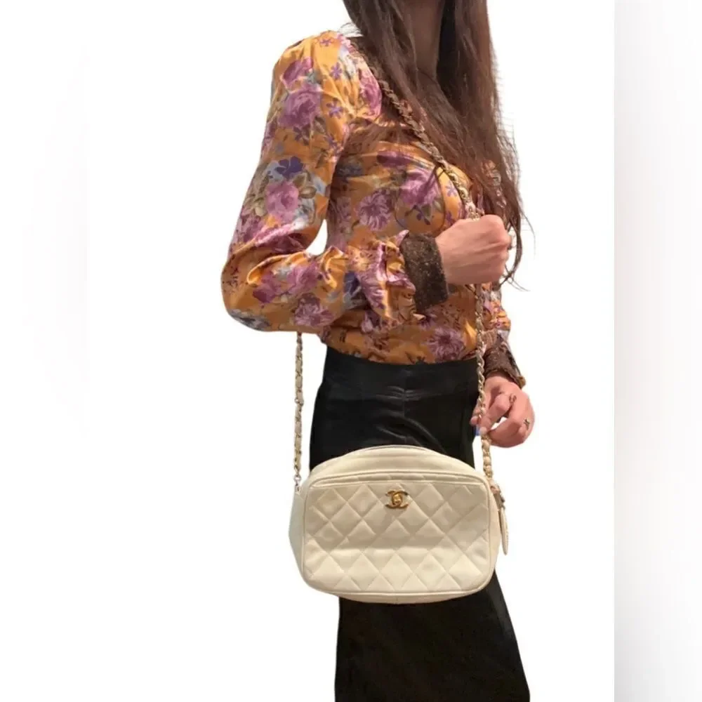 Chanel beige quilted gold tone leather crossbody bag